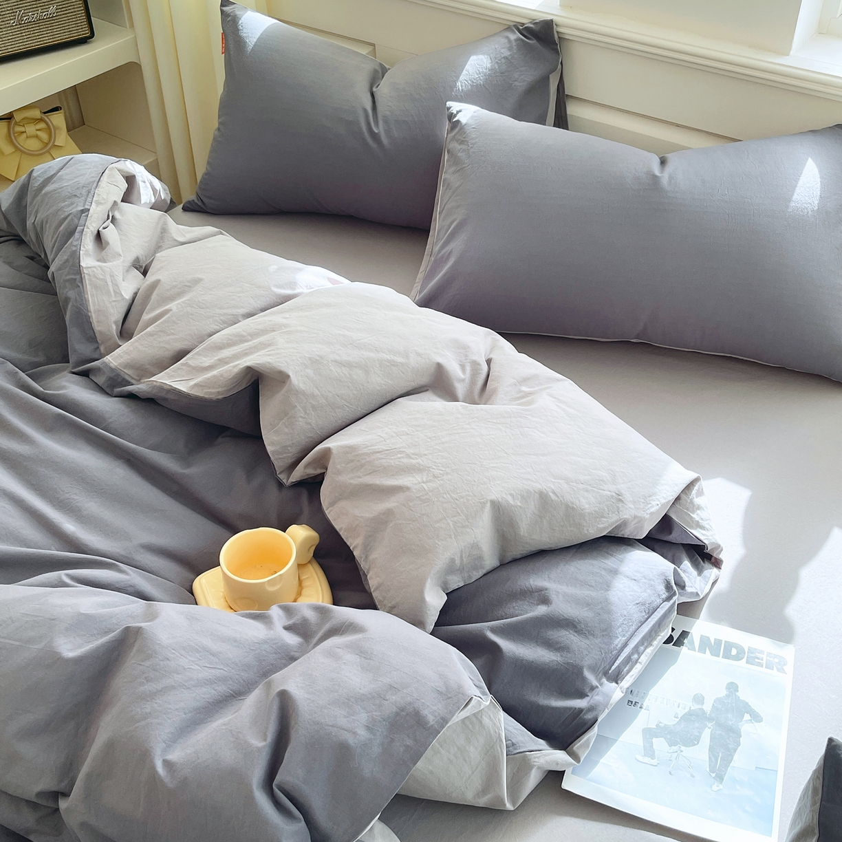 91家纺网 家纺一手货源 找家纺 春皖家纺 2026春夏新款双拼全棉纯棉水洗棉四件套 深灰-浅灰