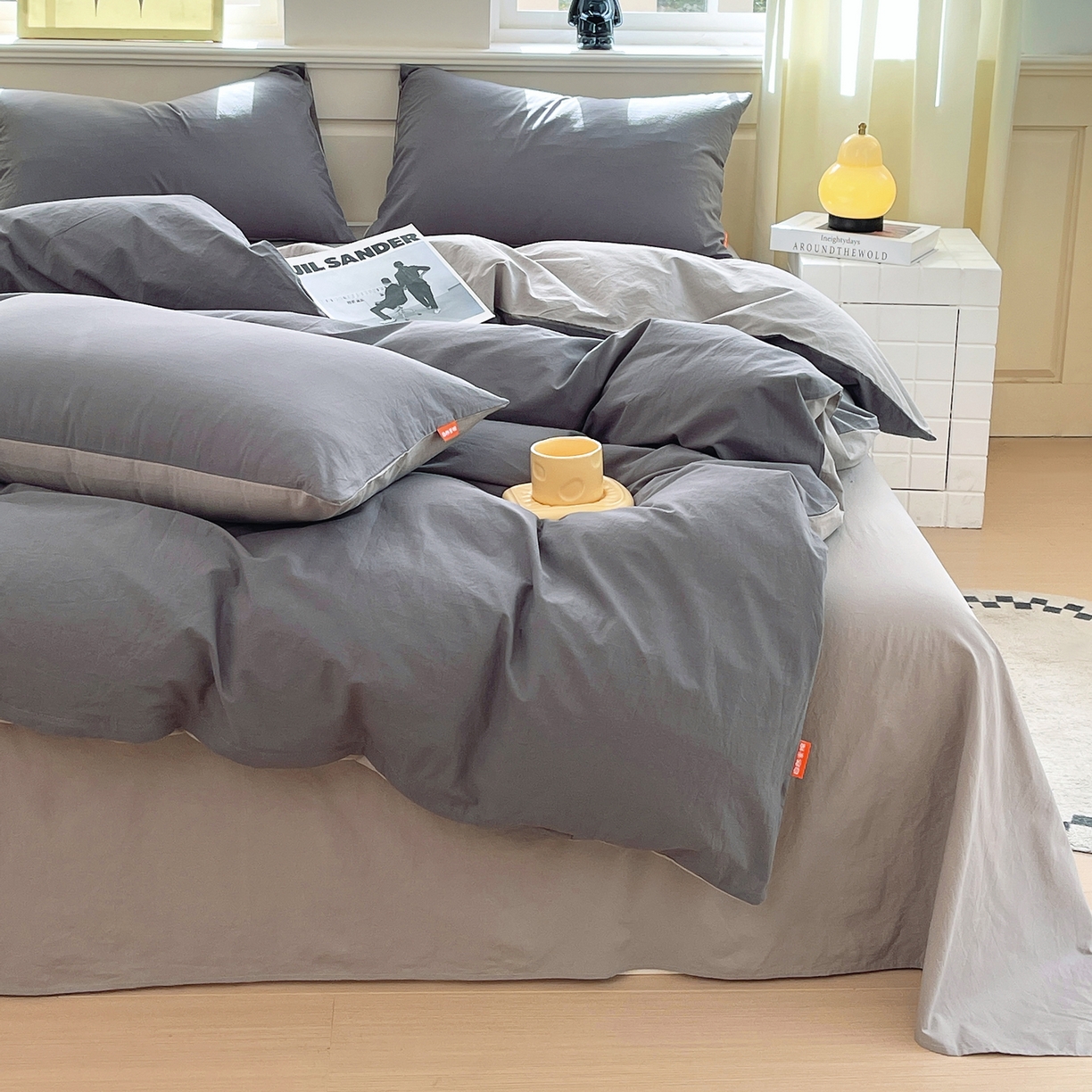 91家纺网 家纺一手货源 找家纺 春皖家纺 2026春夏新款双拼全棉纯棉水洗棉四件套 深灰-浅灰