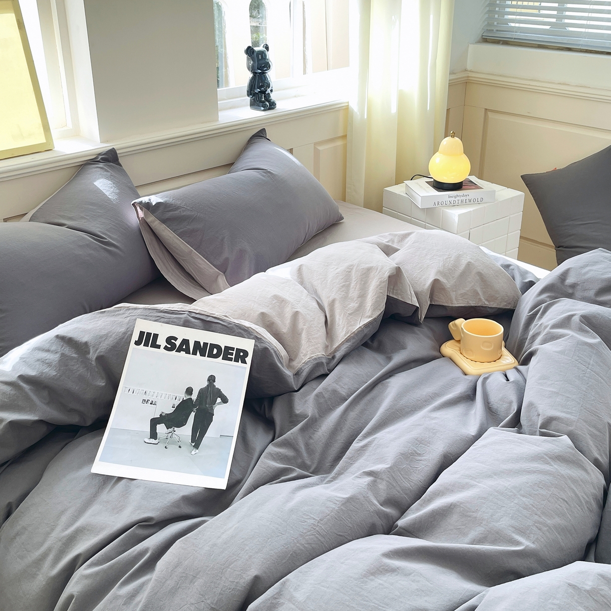 91家纺网 家纺一手货源 找家纺 春皖家纺 2026春夏新款双拼全棉纯棉水洗棉四件套 深灰-浅灰