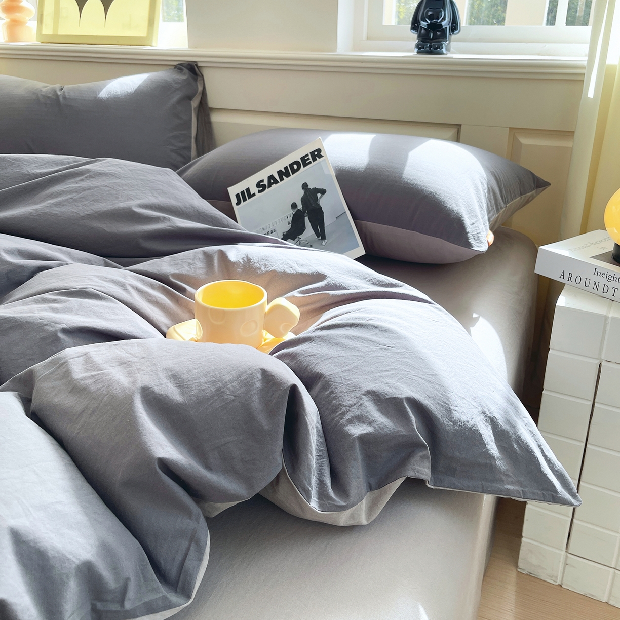 91家纺网 家纺一手货源 找家纺 春皖家纺 2026春夏新款双拼全棉纯棉水洗棉四件套 深灰-浅灰