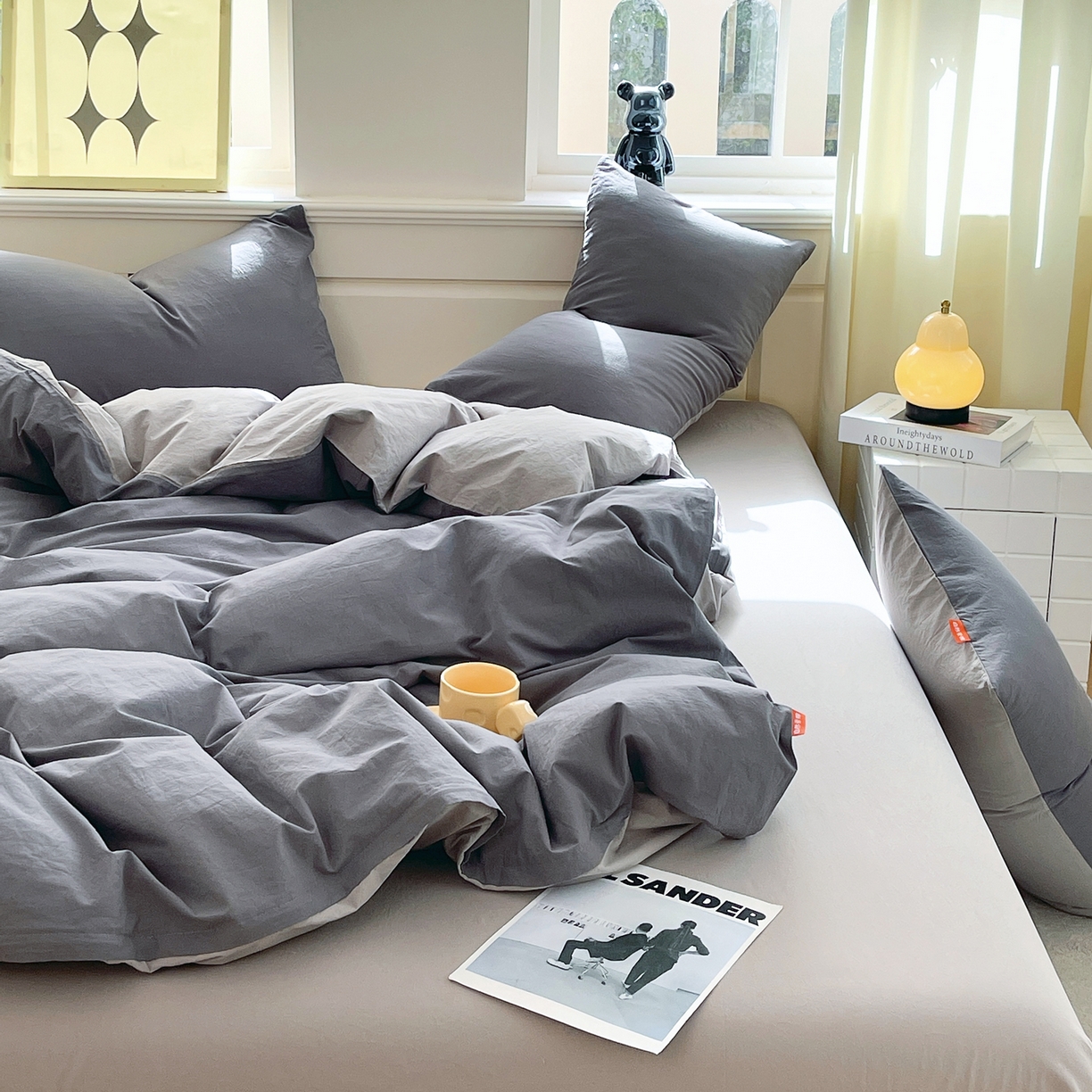 91家纺网 家纺一手货源 找家纺 春皖家纺 2026春夏新款双拼全棉纯棉水洗棉四件套 深灰-浅灰