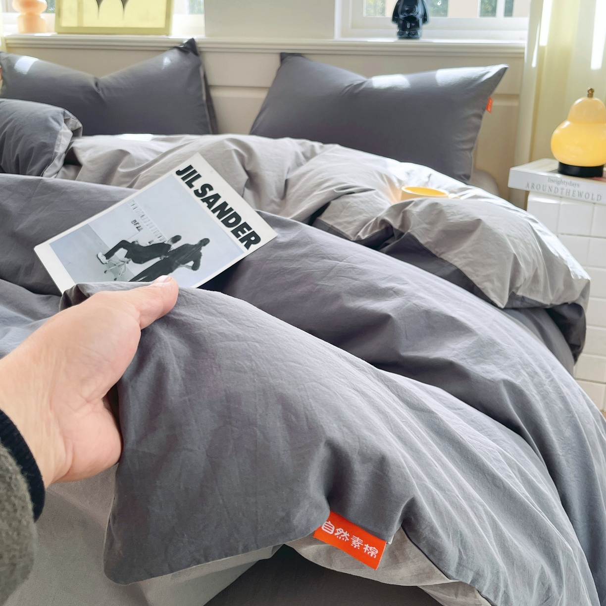 91家纺网 家纺一手货源 找家纺 春皖家纺 2026春夏新款双拼全棉纯棉水洗棉四件套 深灰-浅灰