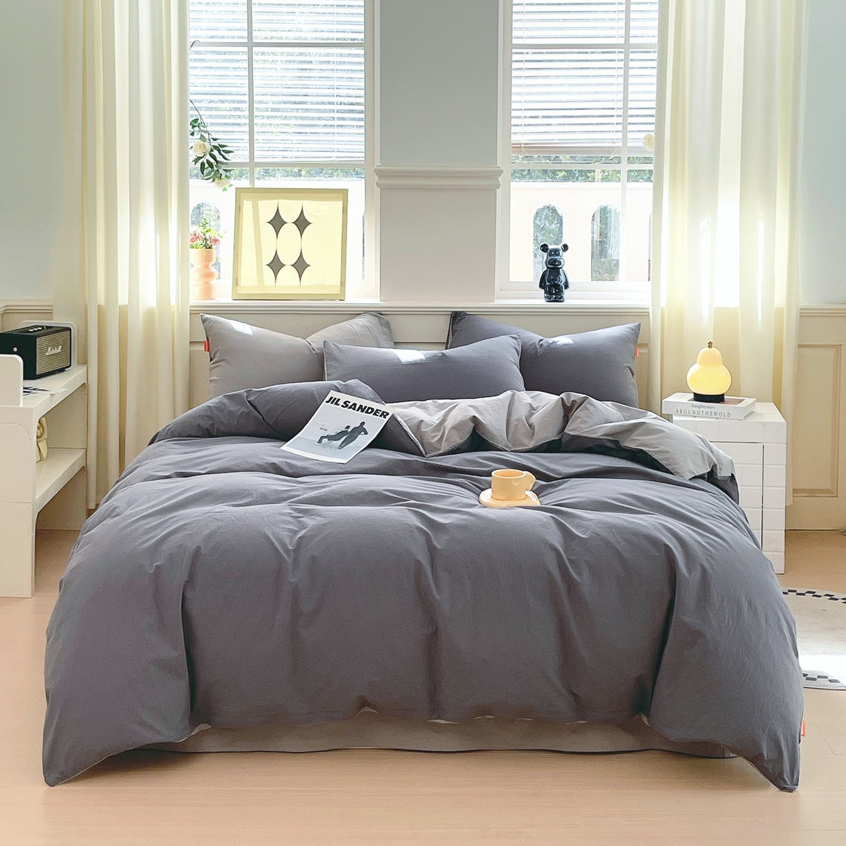 91家纺网 家纺一手货源 找家纺 春皖家纺 2026春夏新款双拼全棉纯棉水洗棉四件套 深灰-浅灰