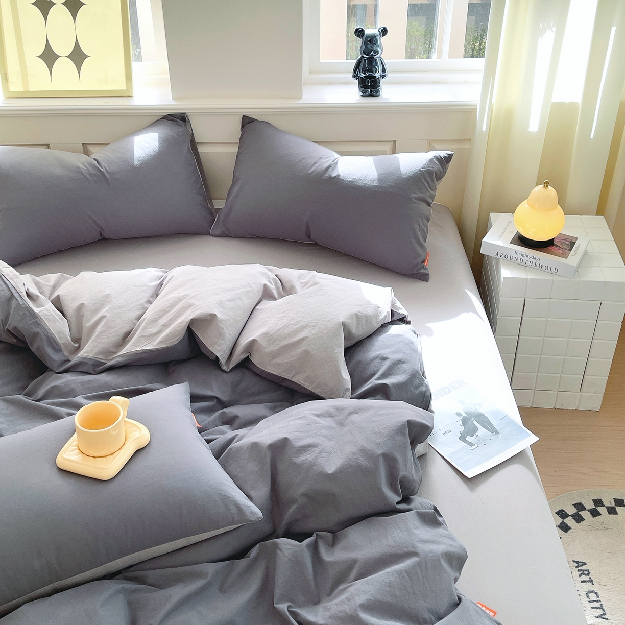 91家纺网 家纺一手货源 找家纺 春皖家纺 2026春夏新款双拼全棉纯棉水洗棉四件套 深灰-浅灰