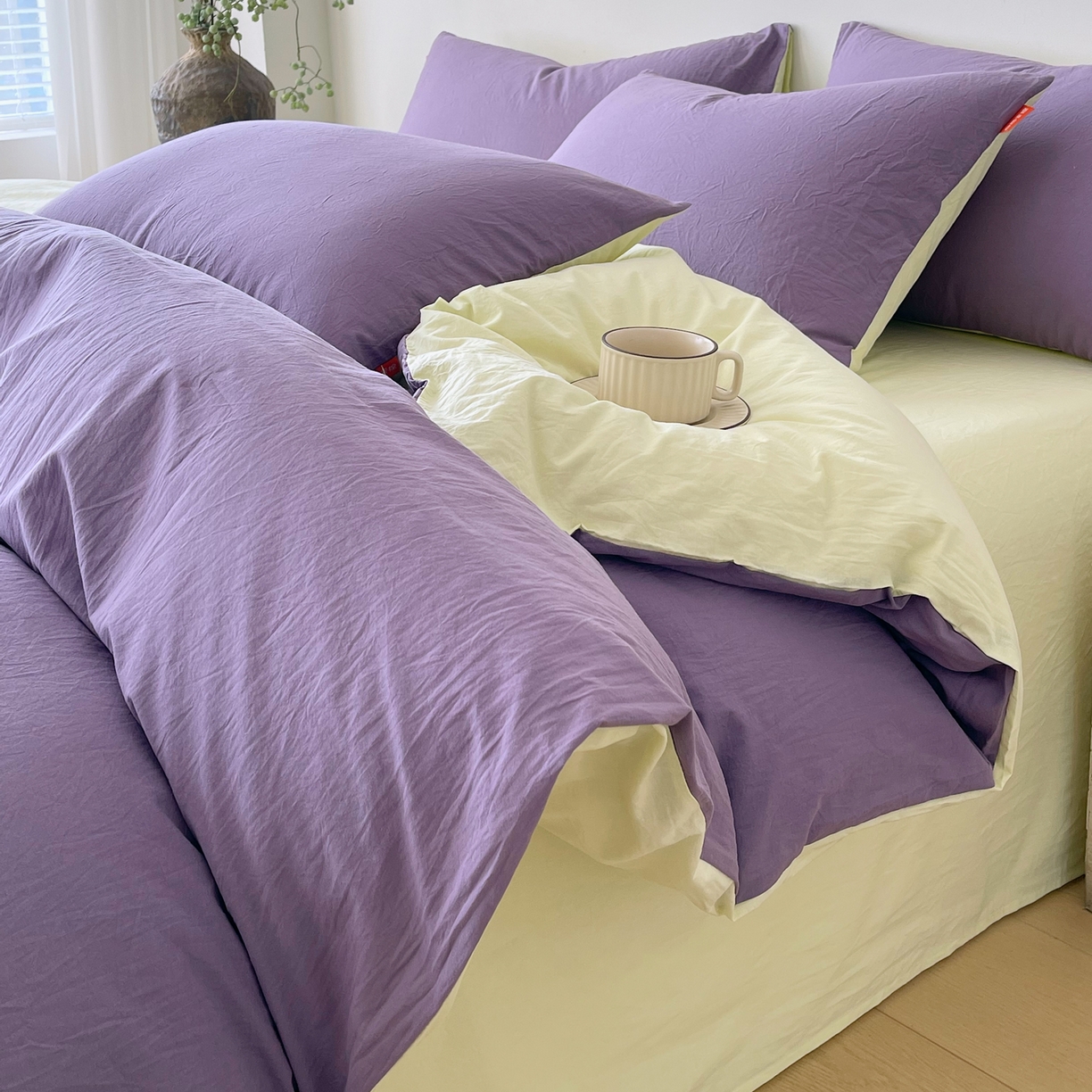 春皖家纺 2026春夏新款双拼全棉纯棉水洗棉四件套 水晶紫-淡黄