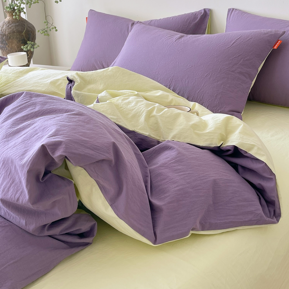 91家纺网 家纺一手货源 找家纺 春皖家纺 2026春夏新款双拼全棉纯棉水洗棉四件套 水晶紫-淡黄