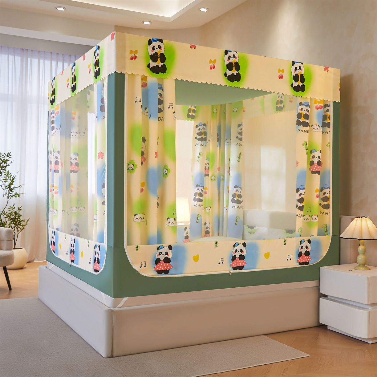 91家纺网 家纺一手货源 找家纺 迪凡保罗蚊帐 2026新款2606专版卡通回底全底AB版遮光帘坐床蚊帐 爱心熊猫-无床帘