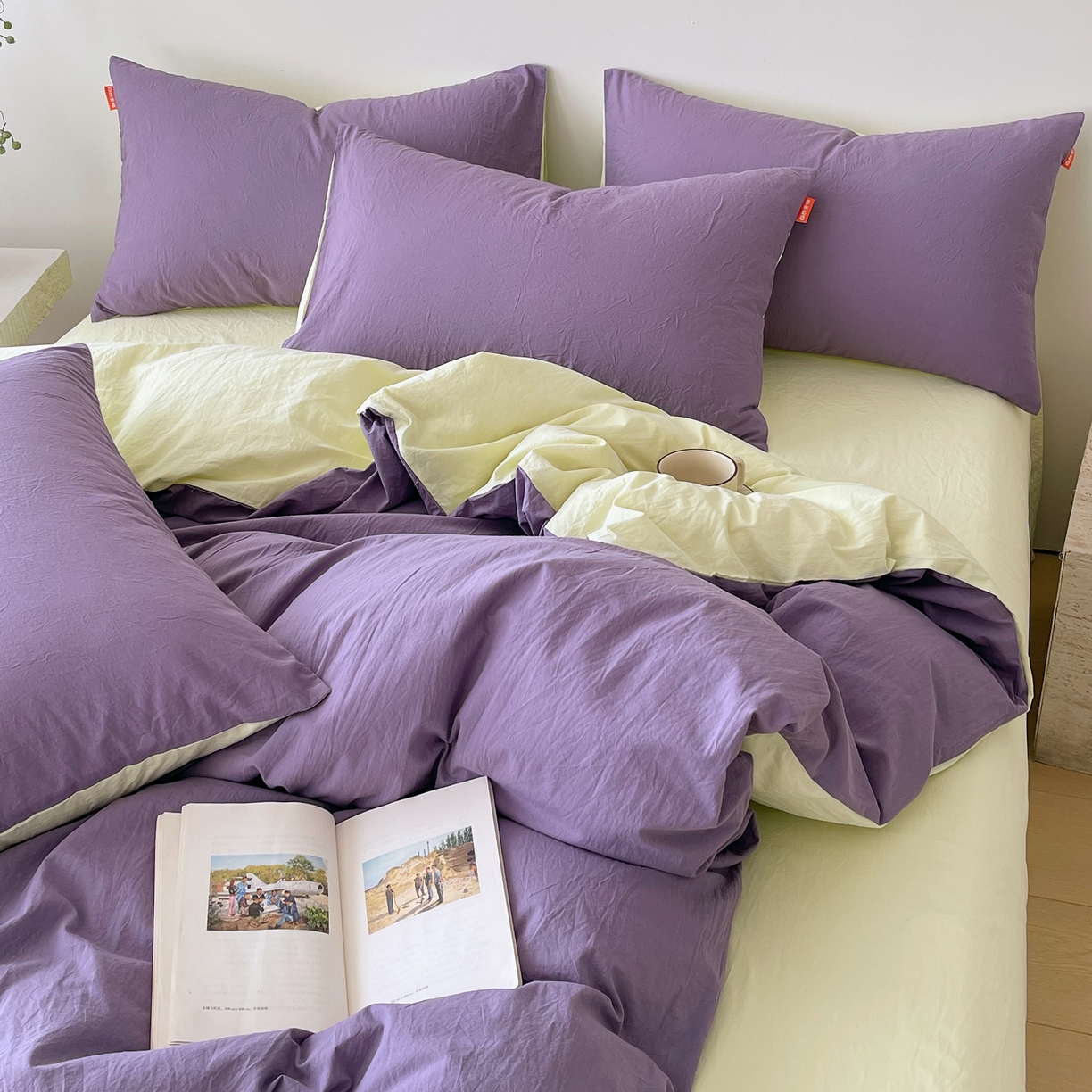 91家纺网 家纺一手货源 找家纺 春皖家纺 2026春夏新款双拼全棉纯棉水洗棉四件套 水晶紫-淡黄