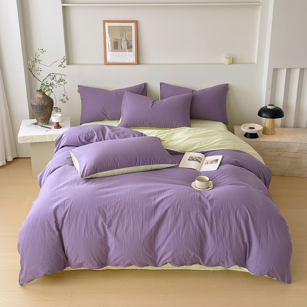 91家纺网 家纺一手货源 找家纺 春皖家纺 2026春夏新款双拼全棉纯棉水洗棉四件套 水晶紫-淡黄