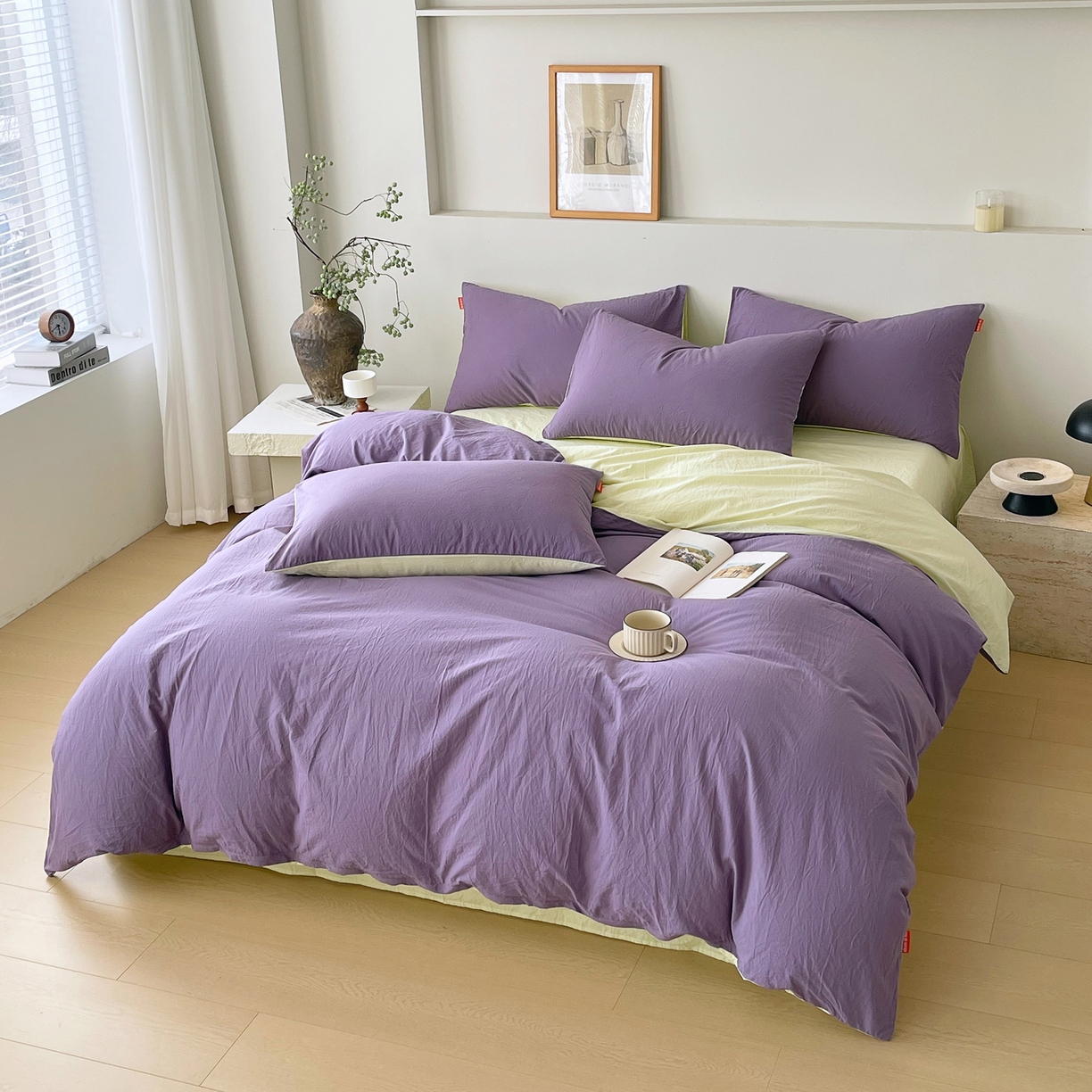 91家纺网 家纺一手货源 找家纺 春皖家纺 2026春夏新款双拼全棉纯棉水洗棉四件套 水晶紫-淡黄