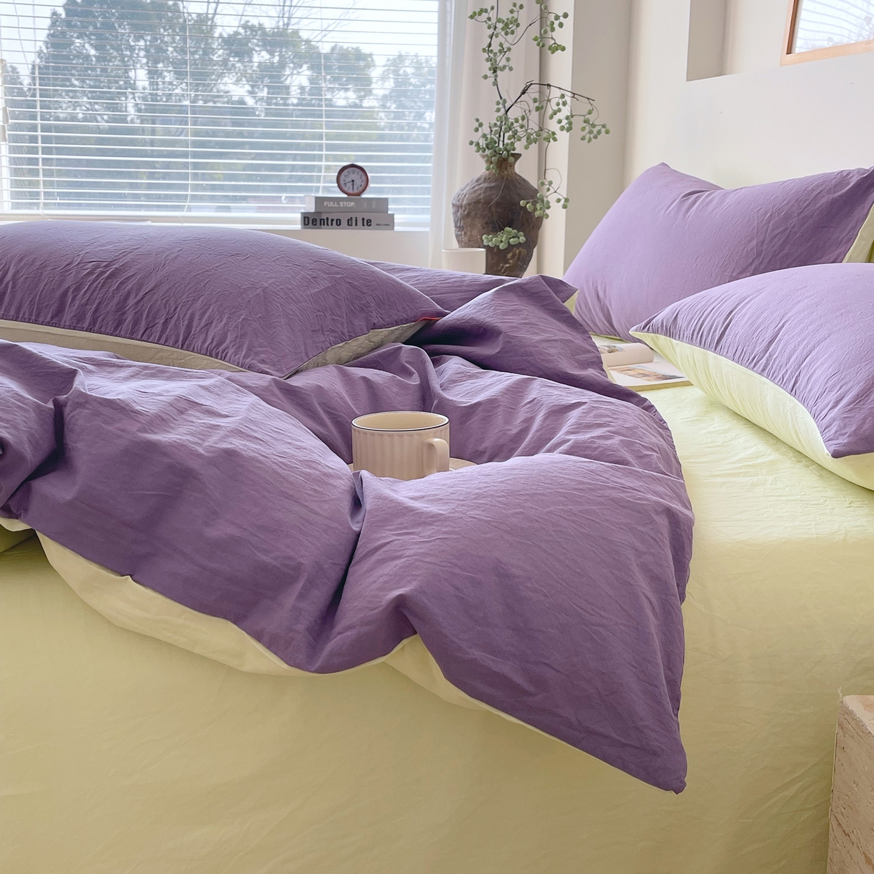 91家纺网 家纺一手货源 找家纺 春皖家纺 2026春夏新款双拼全棉纯棉水洗棉四件套 水晶紫-淡黄