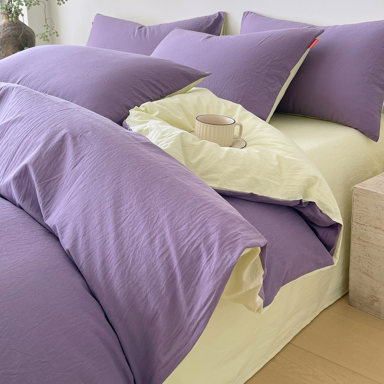 91家纺网 家纺一手货源 找家纺 春皖家纺 2026春夏新款双拼全棉纯棉水洗棉四件套 水晶紫-淡黄