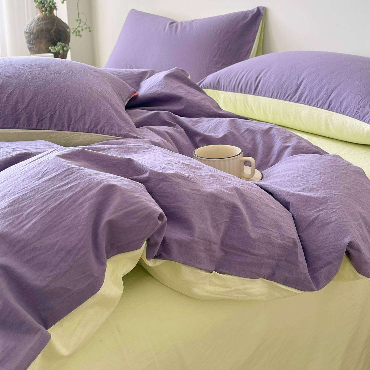 91家纺网 家纺一手货源 找家纺 春皖家纺 2026春夏新款双拼全棉纯棉水洗棉四件套 水晶紫-淡黄