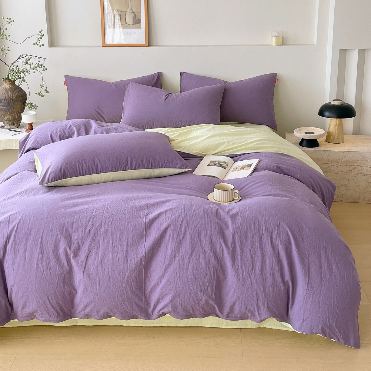 91家纺网 家纺一手货源 找家纺 春皖家纺 2026春夏新款双拼全棉纯棉水洗棉四件套 水晶紫-淡黄