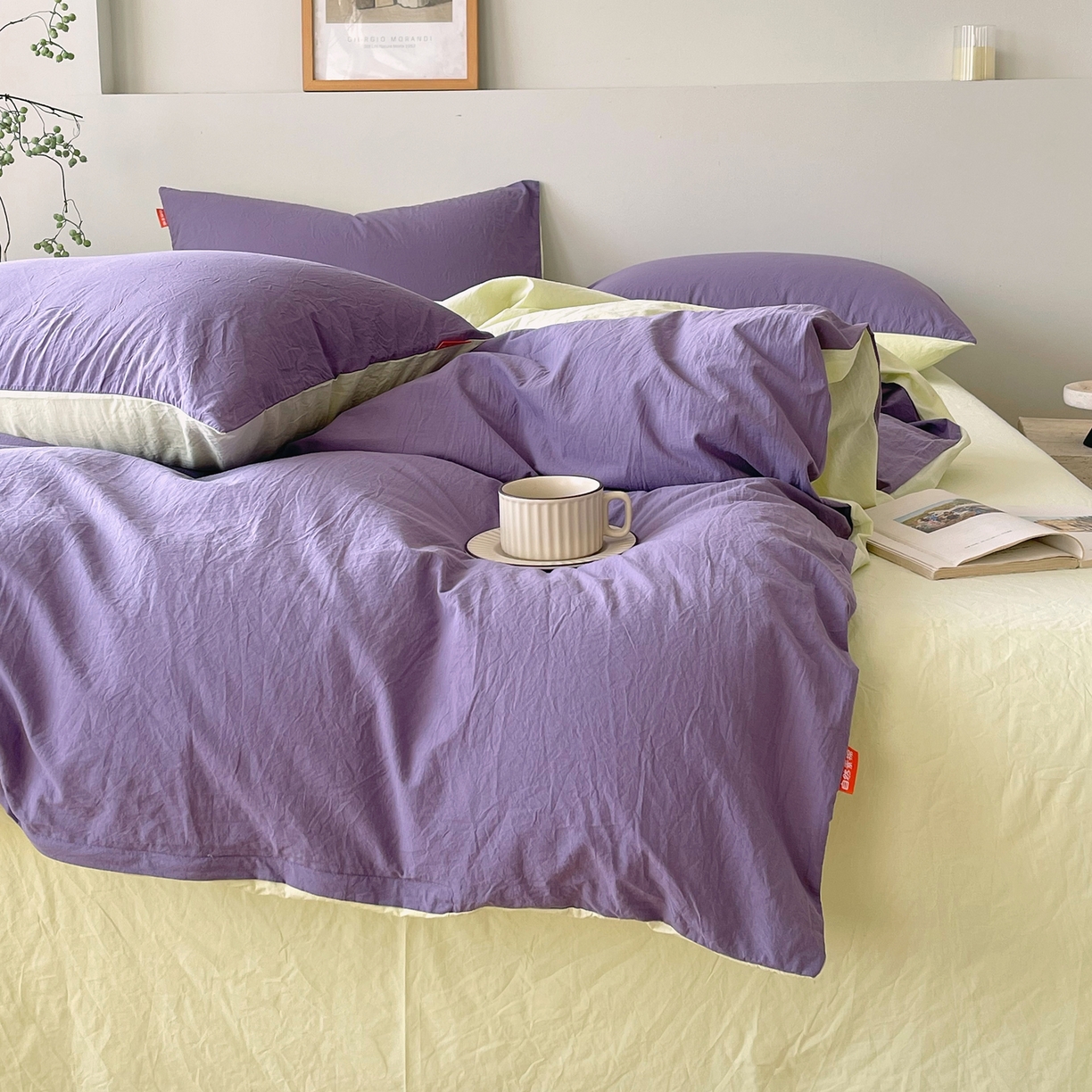 91家纺网 家纺一手货源 找家纺 春皖家纺 2026春夏新款双拼全棉纯棉水洗棉四件套 水晶紫-淡黄