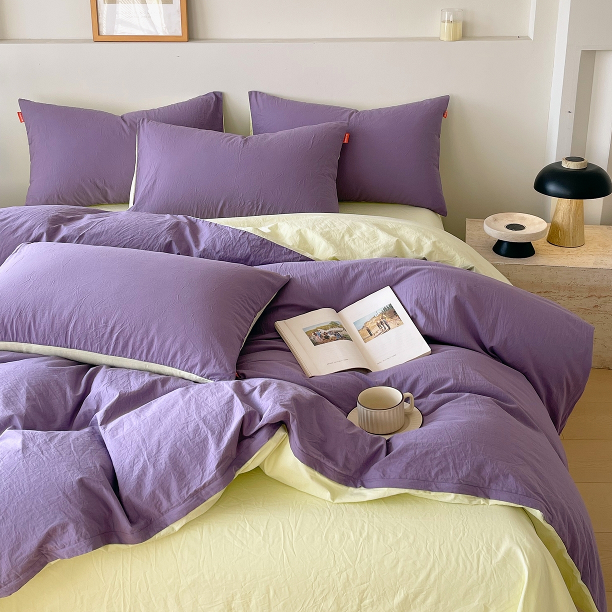 91家纺网 家纺一手货源 找家纺 春皖家纺 2026春夏新款双拼全棉纯棉水洗棉四件套 水晶紫-淡黄