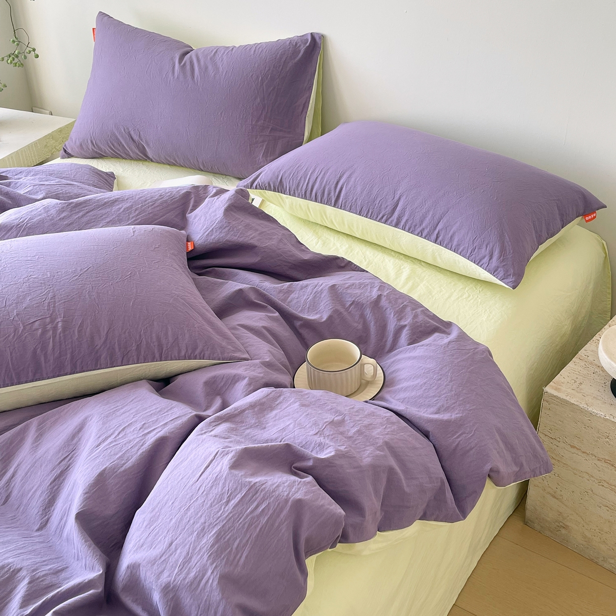 91家纺网 家纺一手货源 找家纺 春皖家纺 2026春夏新款双拼全棉纯棉水洗棉四件套 水晶紫-淡黄