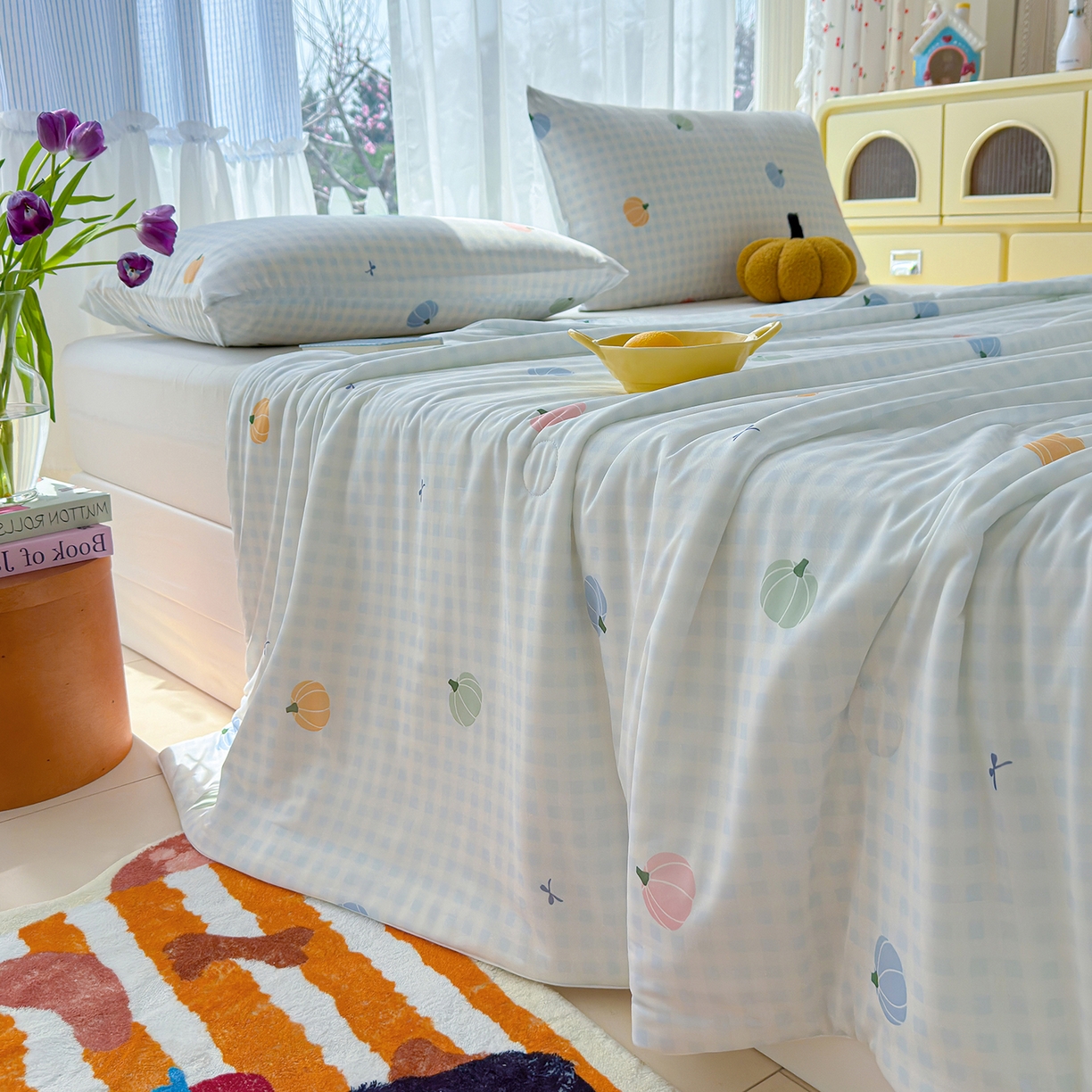 91家纺网 家纺一手货源 找家纺 弗苓家纺 2026新款麻绳款锦氨凉感丝夏被夏凉被空调被 彩色南瓜