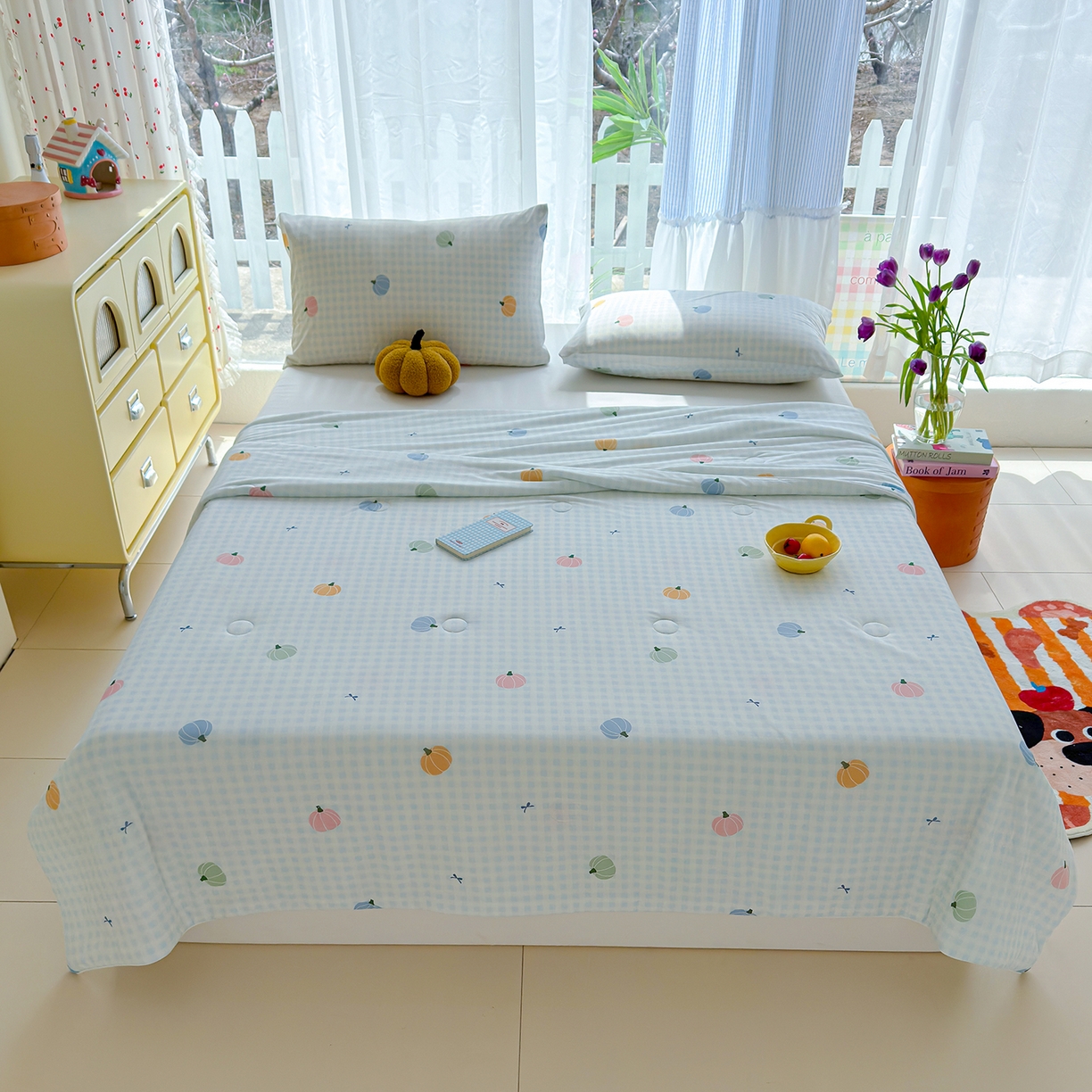 91家纺网 家纺一手货源 找家纺 弗苓家纺 2026新款麻绳款锦氨凉感丝夏被夏凉被空调被 彩色南瓜