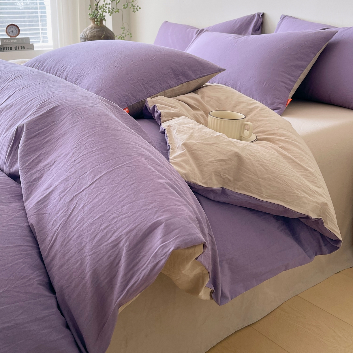 春皖家纺 2026春夏新款双拼全棉纯棉水洗棉四件套 水晶紫-卡其