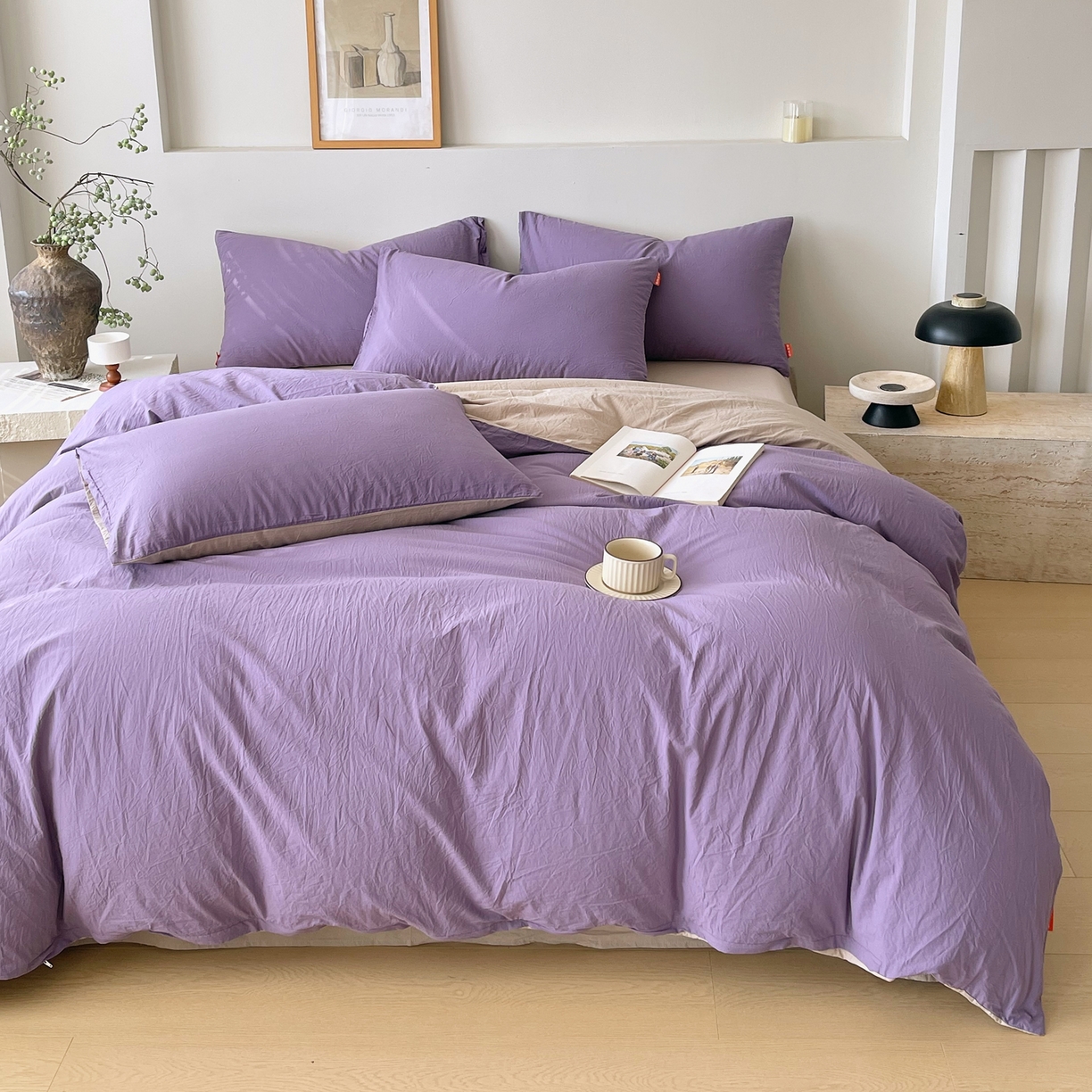 91家纺网 家纺一手货源 找家纺 春皖家纺 2026春夏新款双拼全棉纯棉水洗棉四件套 水晶紫-卡其