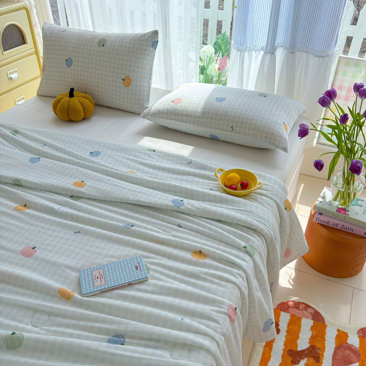 91家纺网 家纺一手货源 找家纺 弗苓家纺 2026新款麻绳款锦氨凉感丝夏被夏凉被空调被 彩色南瓜