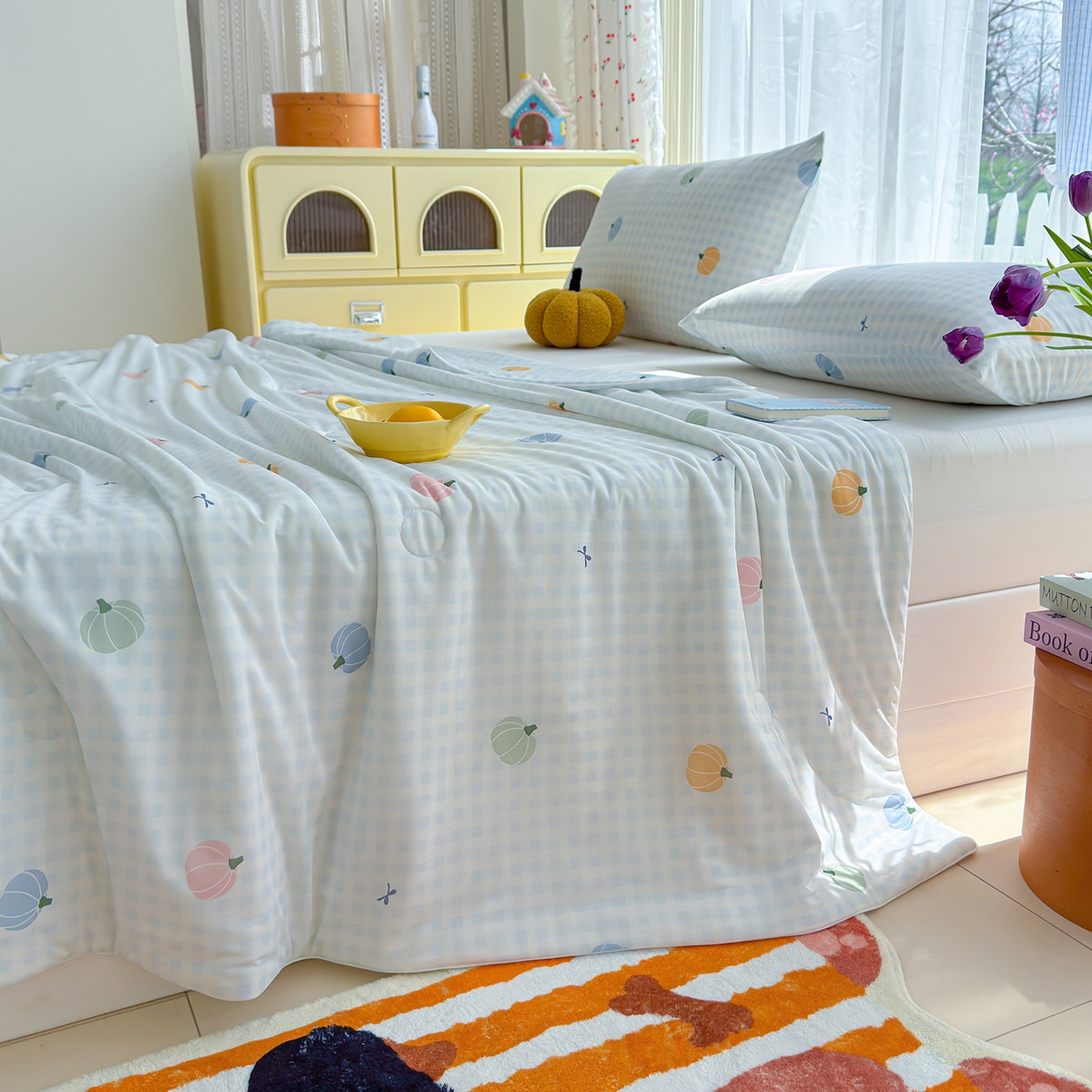 91家纺网 家纺一手货源 找家纺 弗苓家纺 2026新款麻绳款锦氨凉感丝夏被夏凉被空调被 彩色南瓜