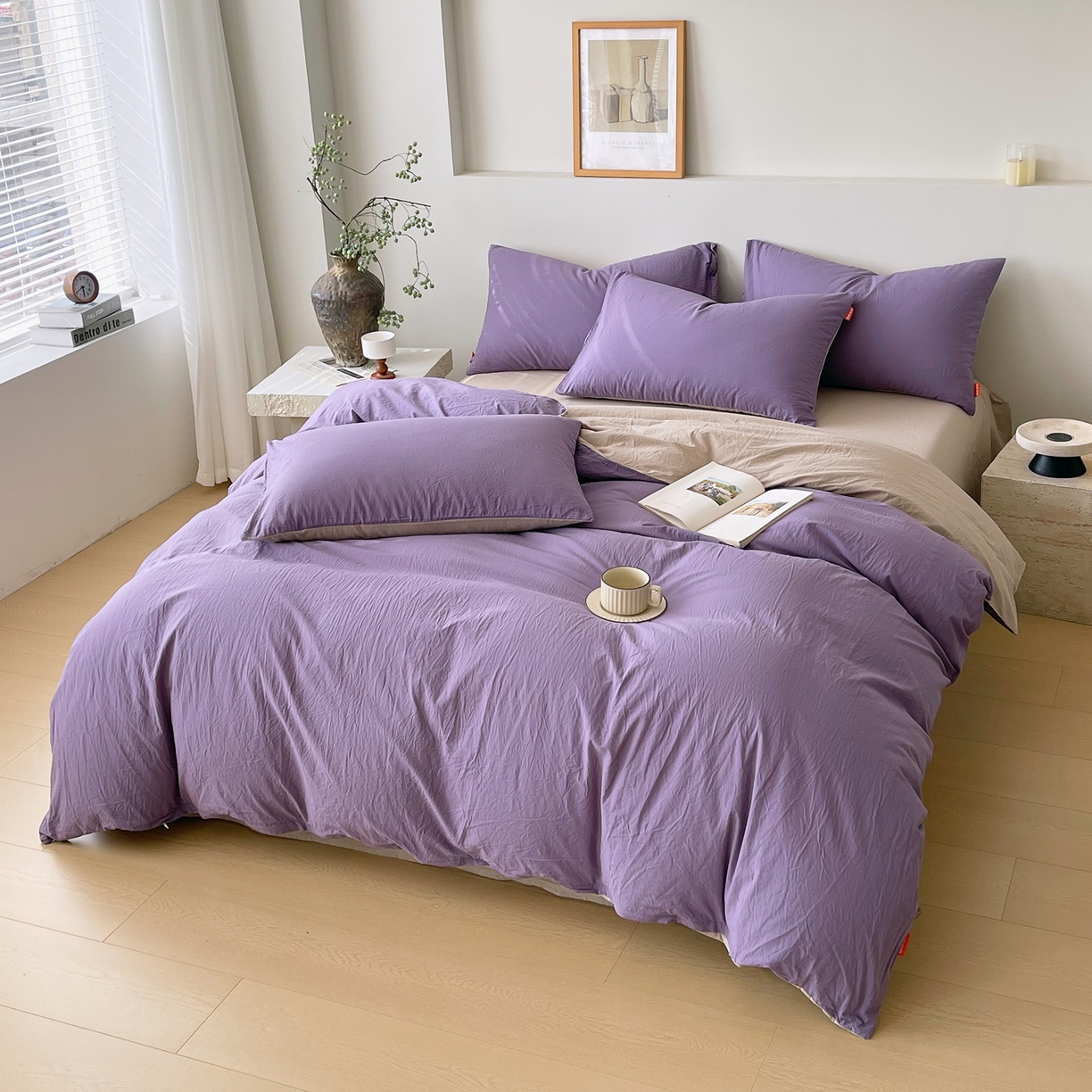 91家纺网 家纺一手货源 找家纺 春皖家纺 2026春夏新款双拼全棉纯棉水洗棉四件套 水晶紫-卡其