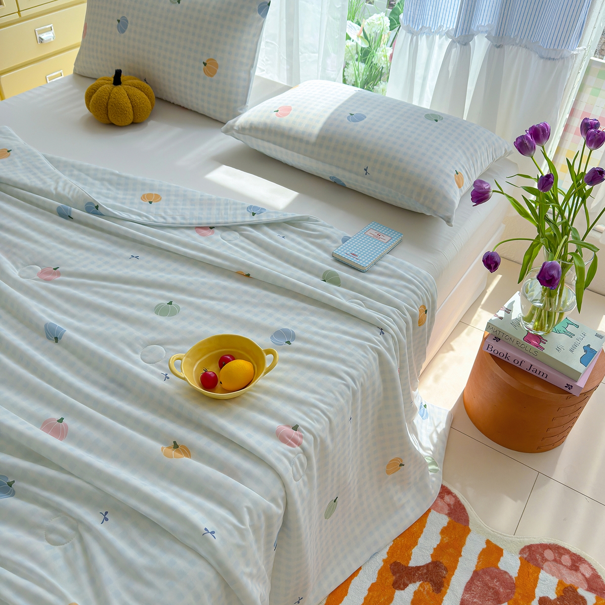 91家纺网 家纺一手货源 找家纺 弗苓家纺 2026新款麻绳款锦氨凉感丝夏被夏凉被空调被 彩色南瓜