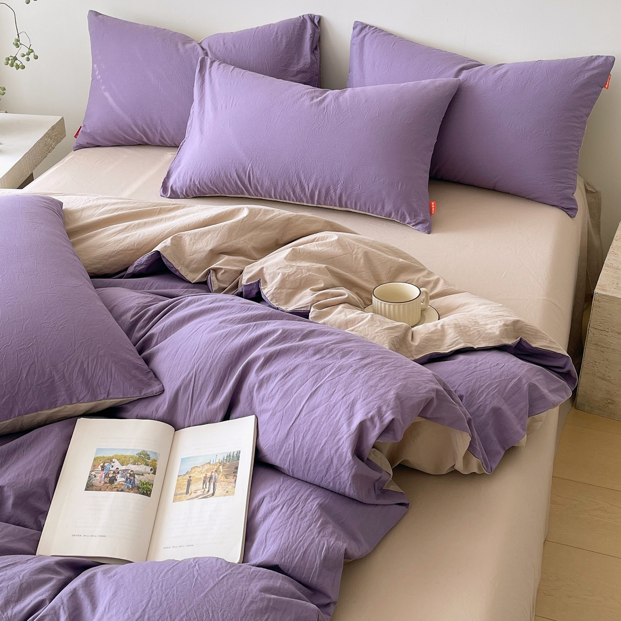 91家纺网 家纺一手货源 找家纺 春皖家纺 2026春夏新款双拼全棉纯棉水洗棉四件套 水晶紫-卡其