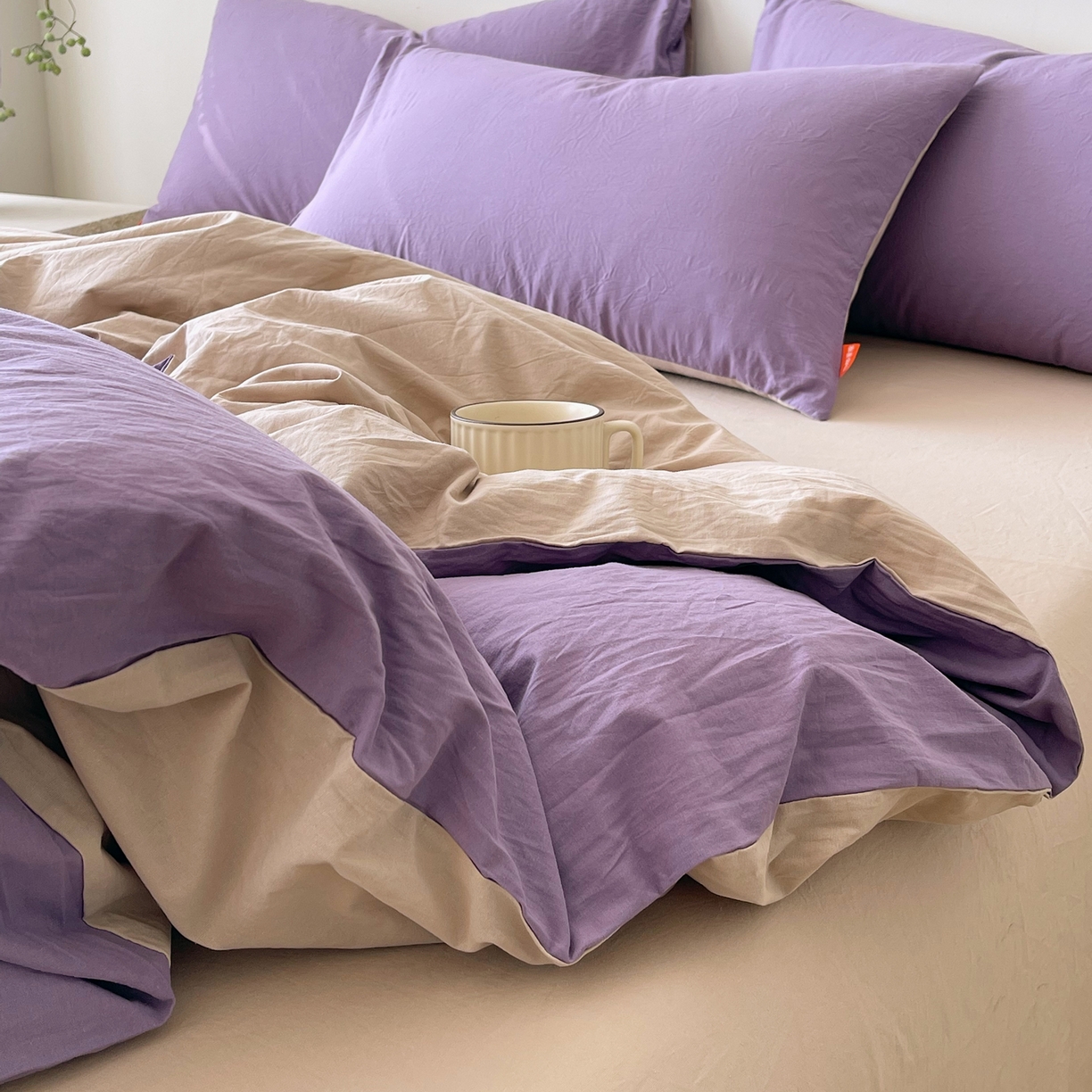 91家纺网 家纺一手货源 找家纺 春皖家纺 2026春夏新款双拼全棉纯棉水洗棉四件套 水晶紫-卡其