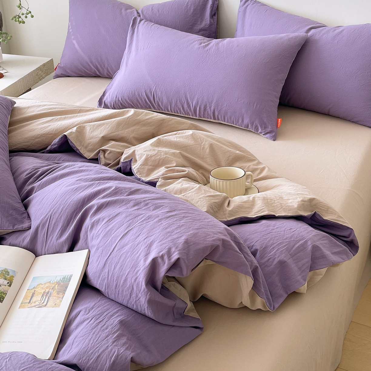 91家纺网 家纺一手货源 找家纺 春皖家纺 2026春夏新款双拼全棉纯棉水洗棉四件套 水晶紫-卡其