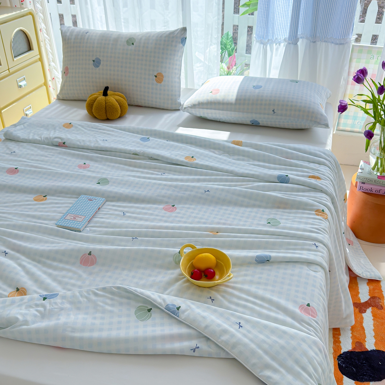 91家纺网 家纺一手货源 找家纺 弗苓家纺 2026新款麻绳款锦氨凉感丝夏被夏凉被空调被 彩色南瓜