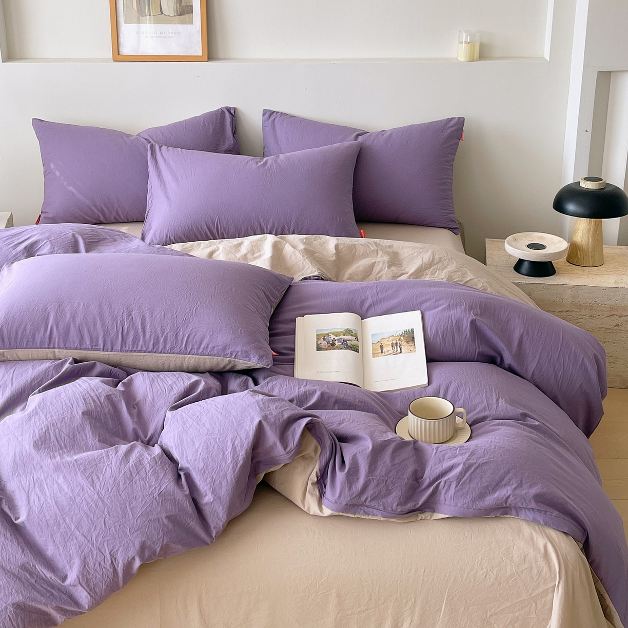 91家纺网 家纺一手货源 找家纺 春皖家纺 2026春夏新款双拼全棉纯棉水洗棉四件套 水晶紫-卡其