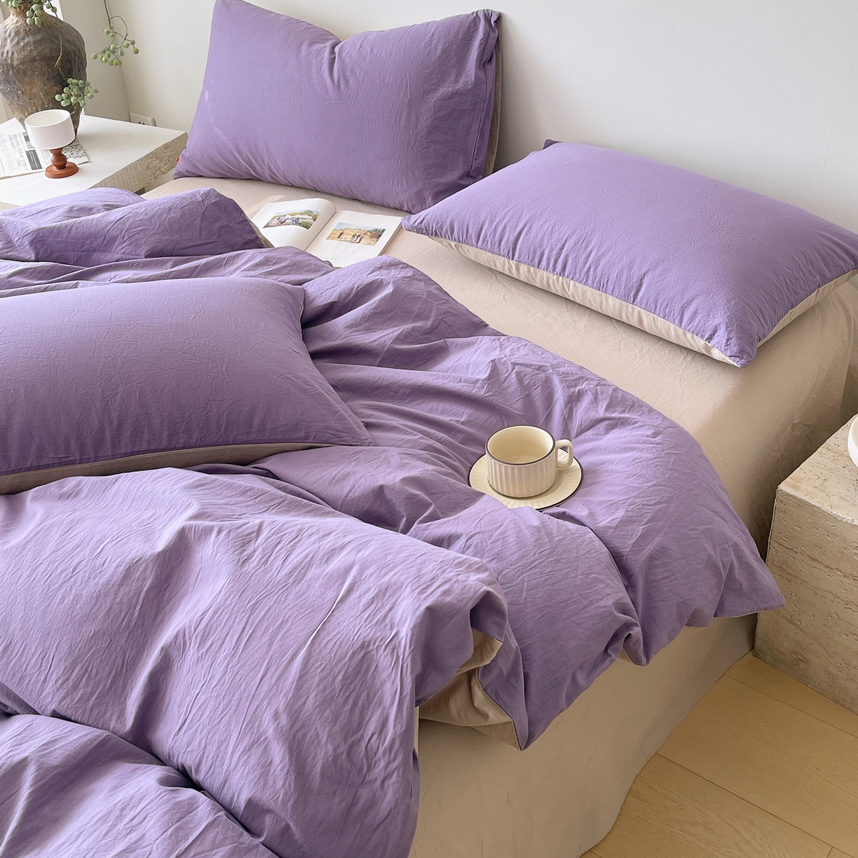 91家纺网 家纺一手货源 找家纺 春皖家纺 2026春夏新款双拼全棉纯棉水洗棉四件套 水晶紫-卡其