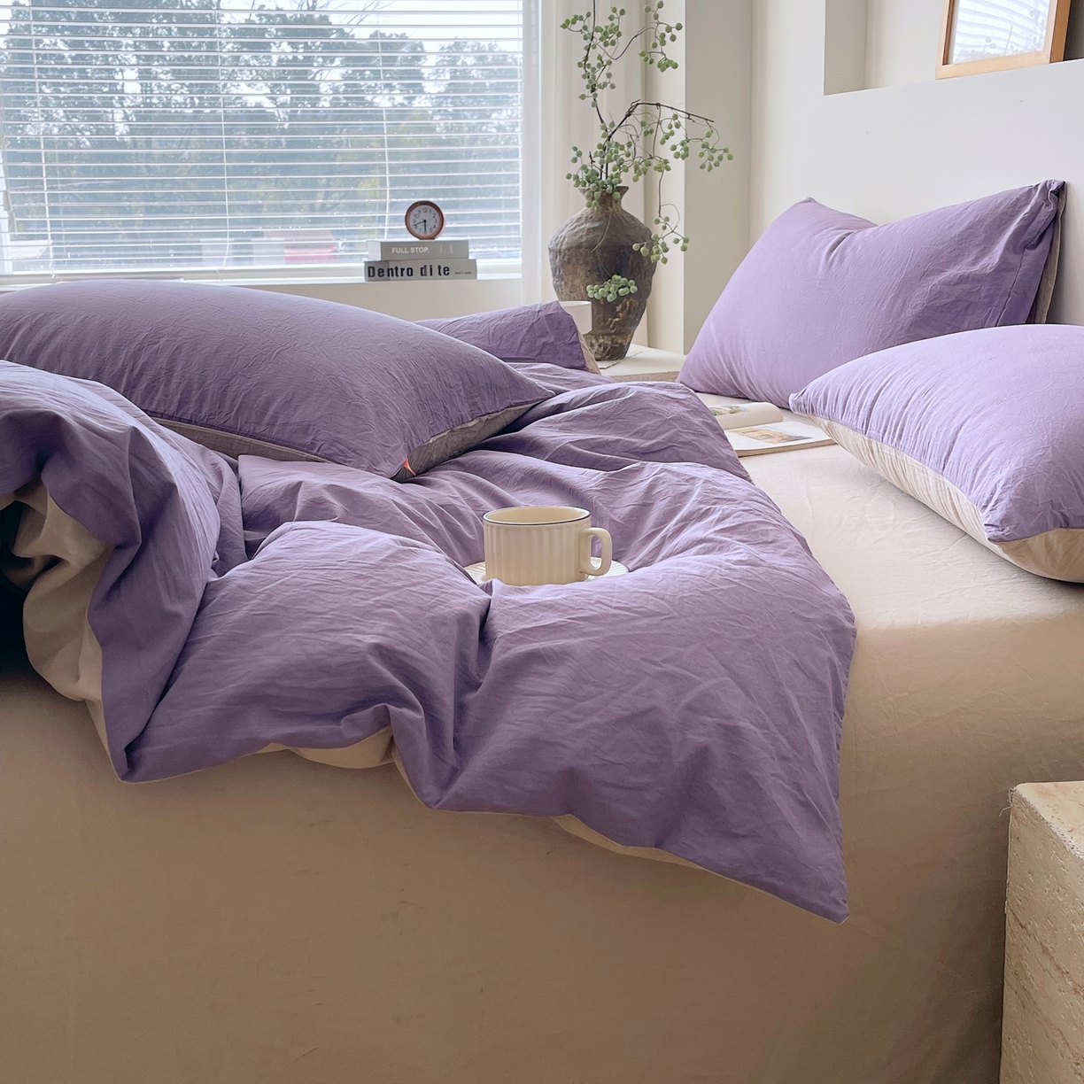 91家纺网 家纺一手货源 找家纺 春皖家纺 2026春夏新款双拼全棉纯棉水洗棉四件套 水晶紫-卡其