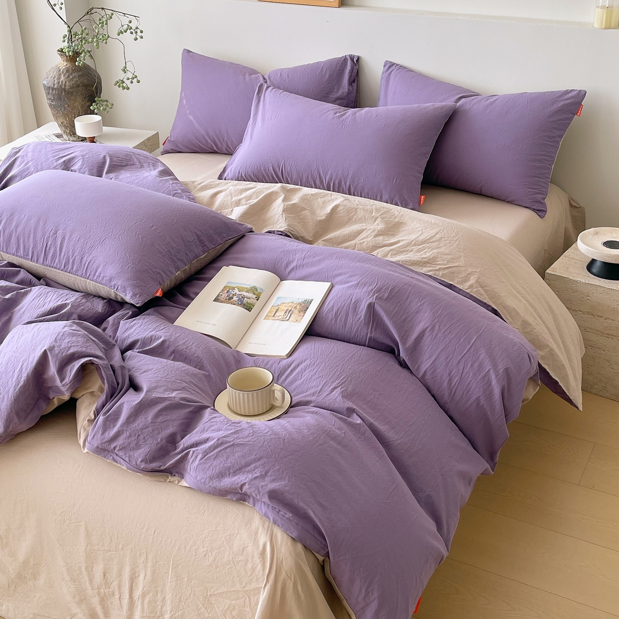 91家纺网 家纺一手货源 找家纺 春皖家纺 2026春夏新款双拼全棉纯棉水洗棉四件套 水晶紫-卡其