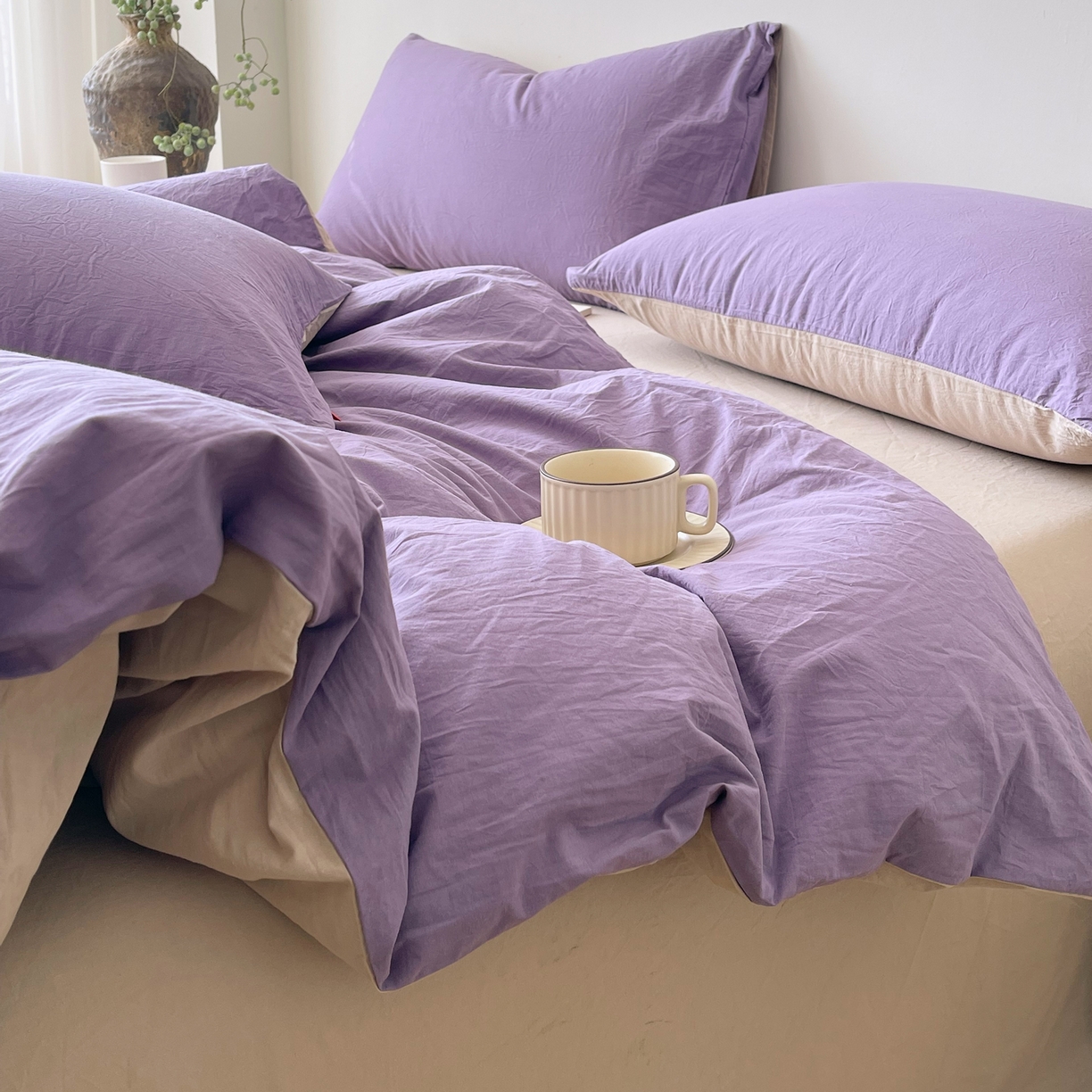 91家纺网 家纺一手货源 找家纺 春皖家纺 2026春夏新款双拼全棉纯棉水洗棉四件套 水晶紫-卡其