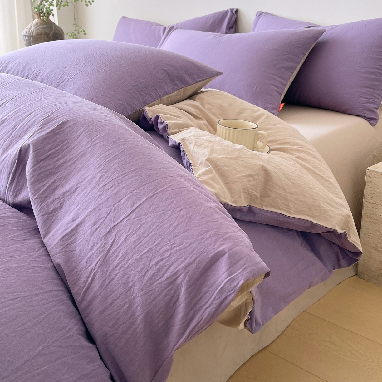 91家纺网 家纺一手货源 找家纺 春皖家纺 2026春夏新款双拼全棉纯棉水洗棉四件套 水晶紫-卡其