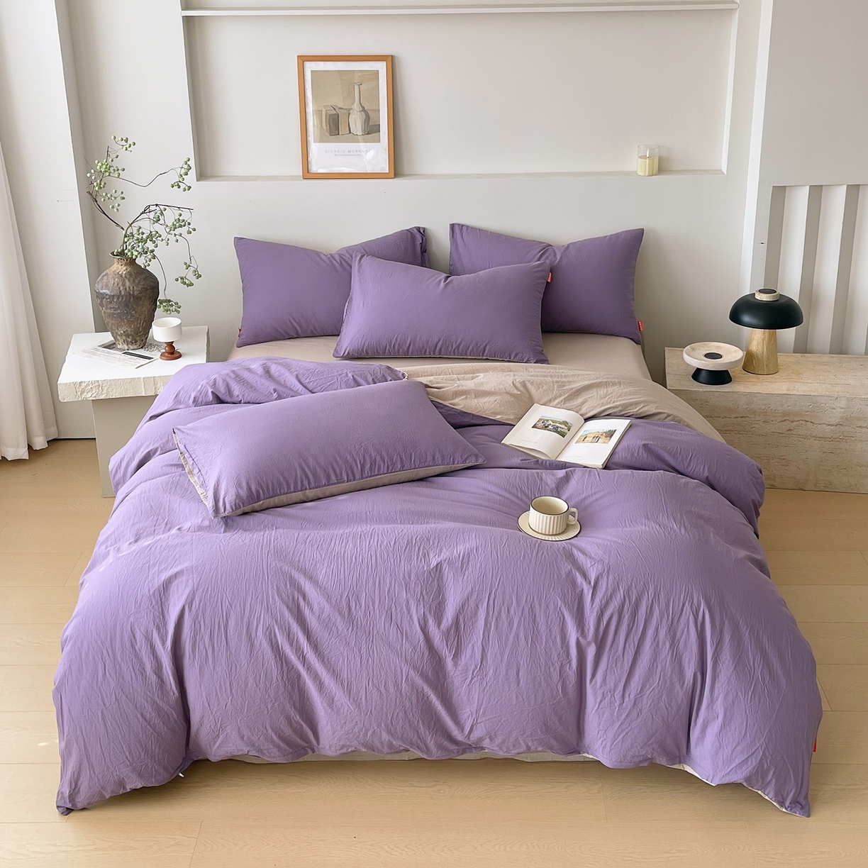 91家纺网 家纺一手货源 找家纺 春皖家纺 2026春夏新款双拼全棉纯棉水洗棉四件套 水晶紫-卡其