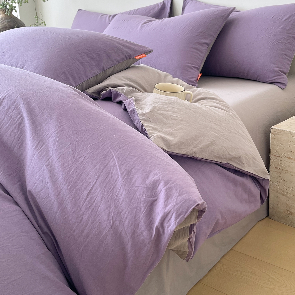 春皖家纺 2026春夏新款双拼全棉纯棉水洗棉四件套 水晶紫-浅灰