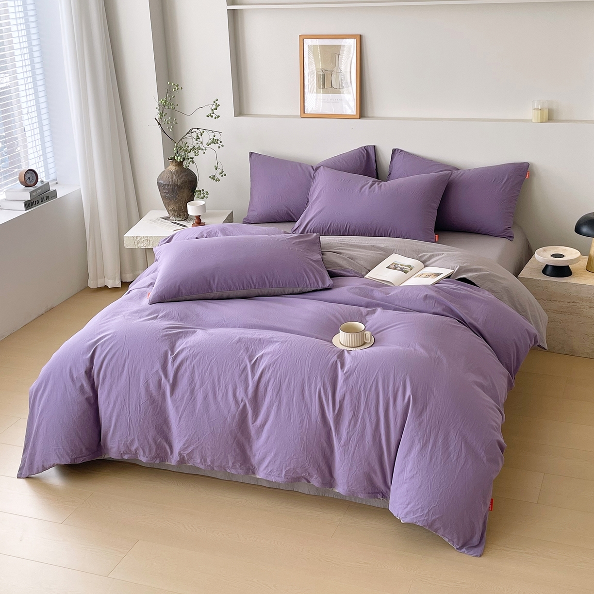 91家纺网 家纺一手货源 找家纺 春皖家纺 2026春夏新款双拼全棉纯棉水洗棉四件套 水晶紫-浅灰