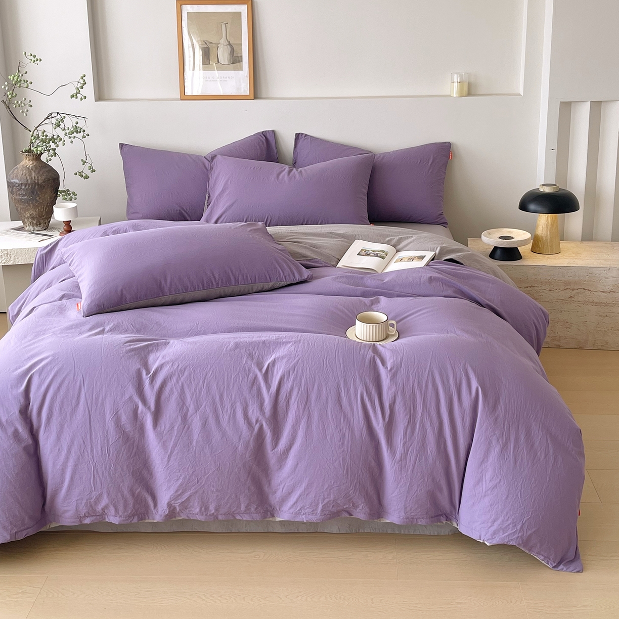 91家纺网 家纺一手货源 找家纺 春皖家纺 2026春夏新款双拼全棉纯棉水洗棉四件套 水晶紫-浅灰