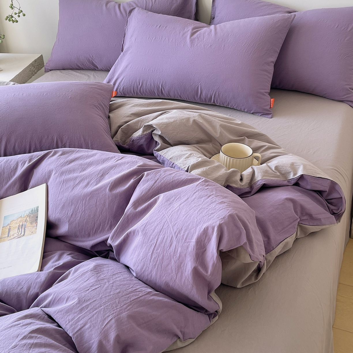 91家纺网 家纺一手货源 找家纺 春皖家纺 2026春夏新款双拼全棉纯棉水洗棉四件套 水晶紫-浅灰