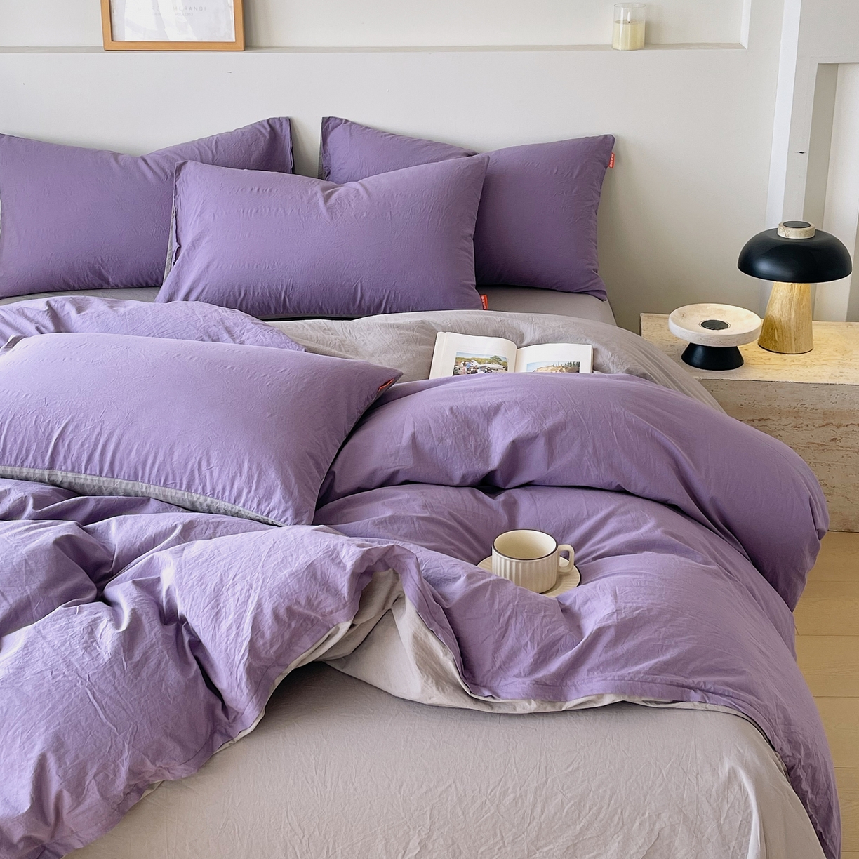 91家纺网 家纺一手货源 找家纺 春皖家纺 2026春夏新款双拼全棉纯棉水洗棉四件套 水晶紫-浅灰