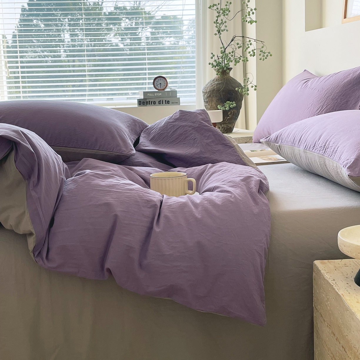 91家纺网 家纺一手货源 找家纺 春皖家纺 2026春夏新款双拼全棉纯棉水洗棉四件套 水晶紫-浅灰