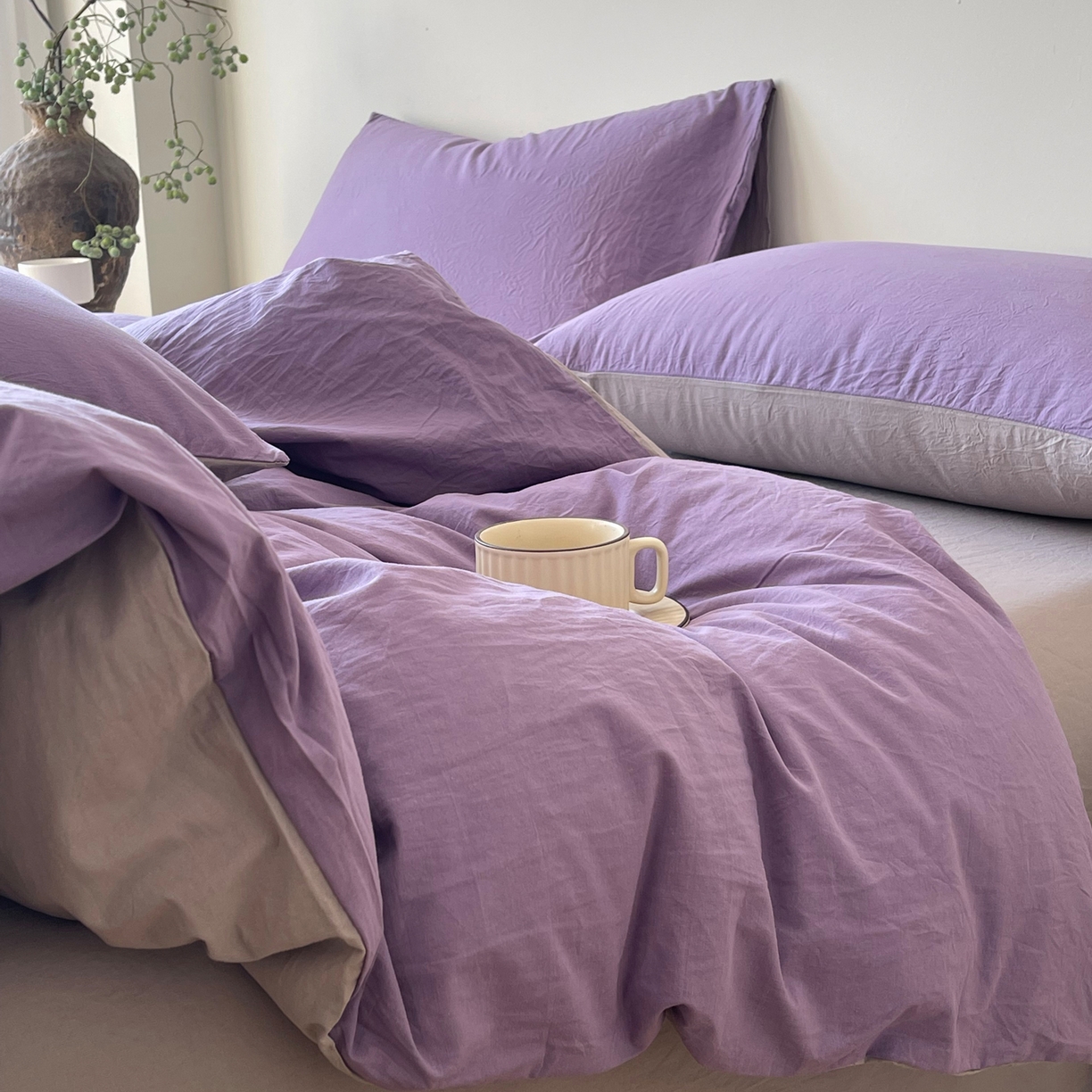 91家纺网 家纺一手货源 找家纺 春皖家纺 2026春夏新款双拼全棉纯棉水洗棉四件套 水晶紫-浅灰