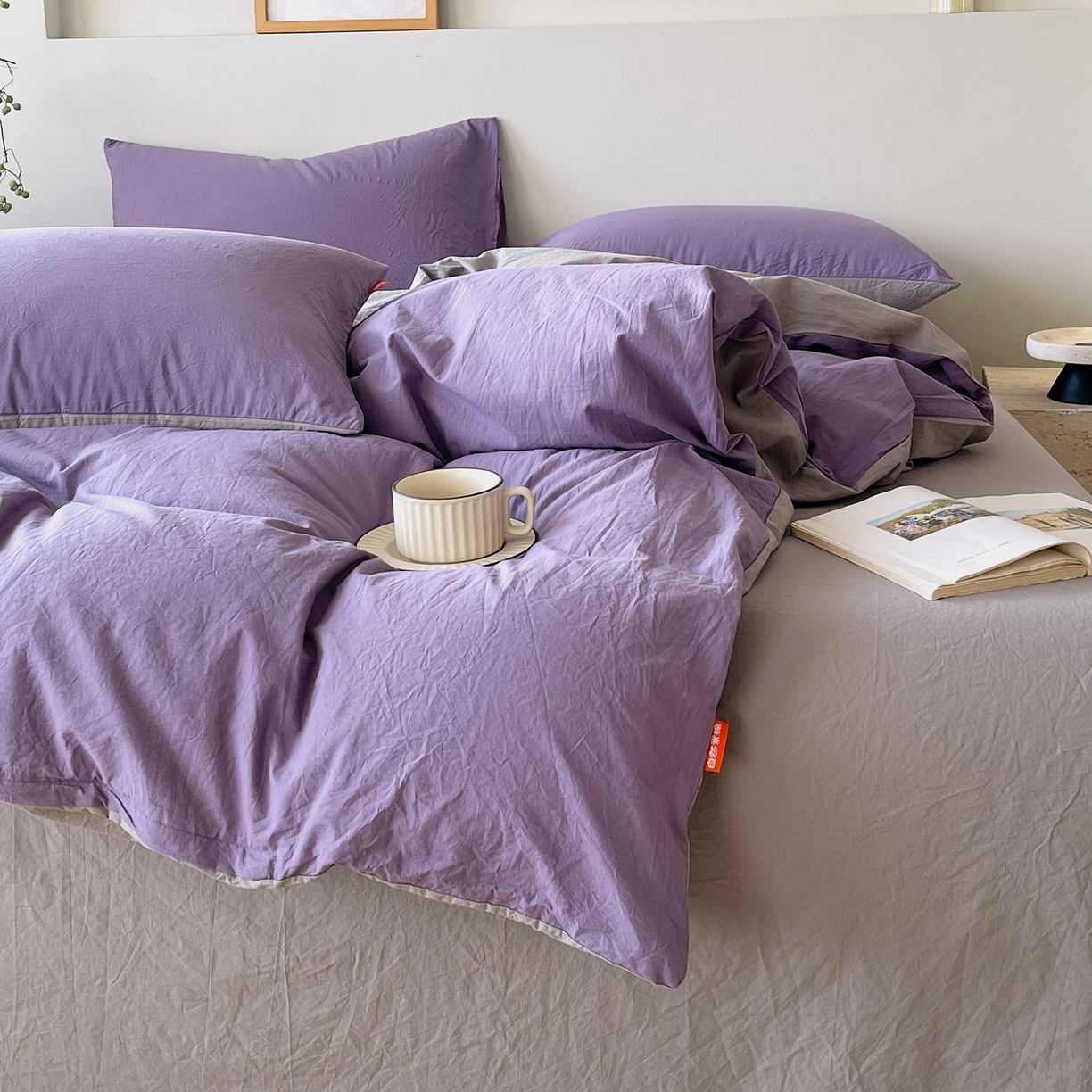 91家纺网 家纺一手货源 找家纺 春皖家纺 2026春夏新款双拼全棉纯棉水洗棉四件套 水晶紫-浅灰