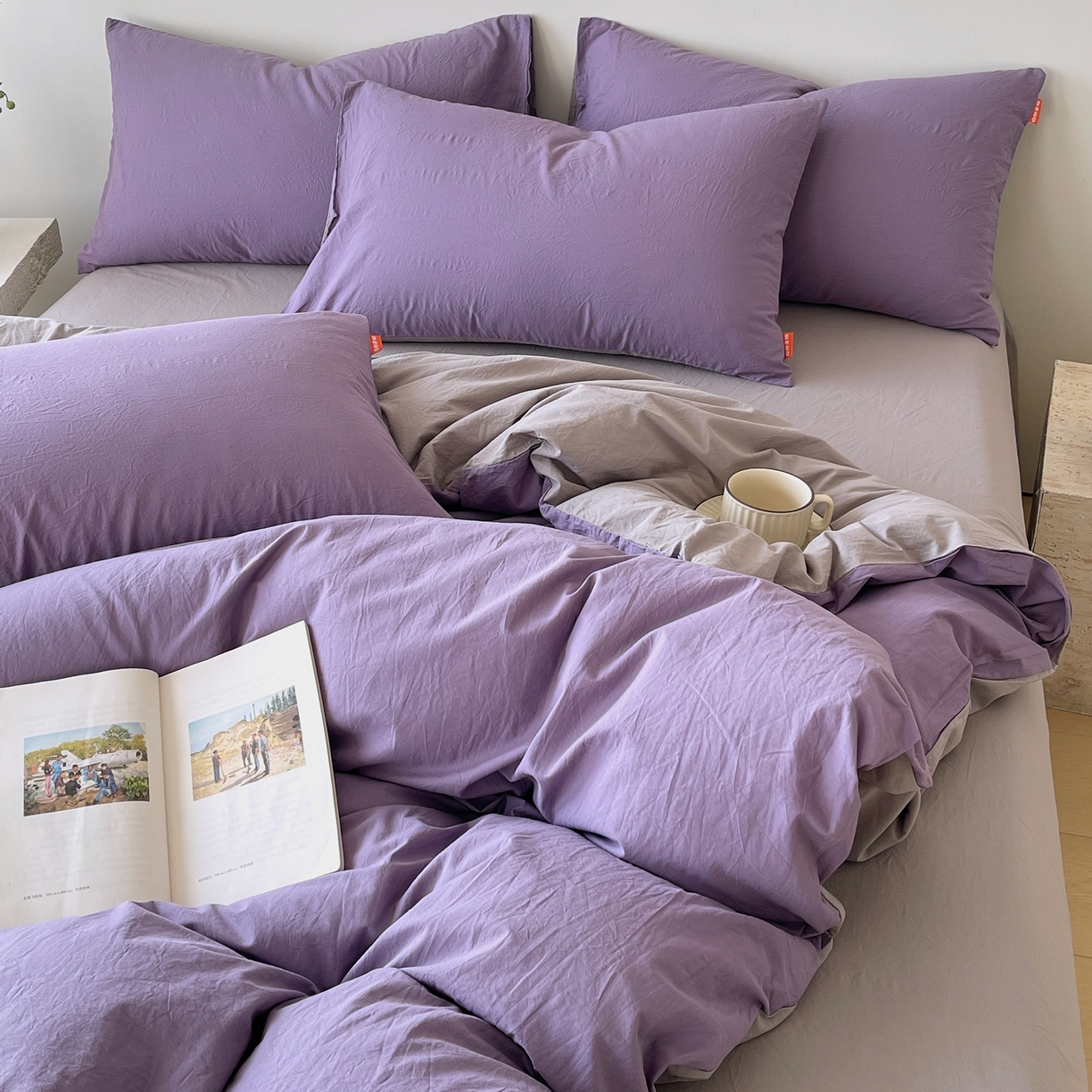 91家纺网 家纺一手货源 找家纺 春皖家纺 2026春夏新款双拼全棉纯棉水洗棉四件套 水晶紫-浅灰