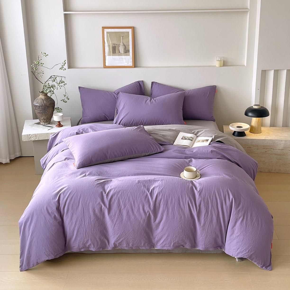 91家纺网 家纺一手货源 找家纺 春皖家纺 2026春夏新款双拼全棉纯棉水洗棉四件套 水晶紫-浅灰